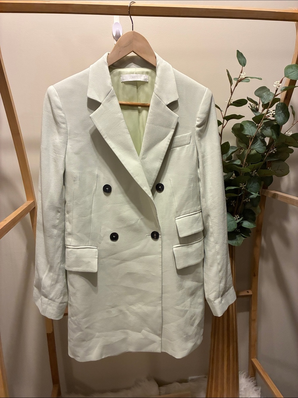 Mango Double-Breasted Blazer in Light Sage with Black Buttons